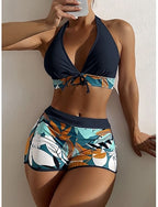 Bikini 2 Piece Swimsuit Palm Shorts Backless Slim Vacation Beach Wear Halter Neck Sleeveless Bathing Suits