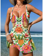 Swimwear One Piece Skirt Swimsuit Vacation Graphic Geometric V Neck Sleeveless Bathing Suits