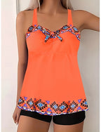 Tankini 2 Piece Swimsuit Shorts Tummy Control High Waist Slim Backless Vacation Beach Wear Graphic Geometic V Neck Sleeveless Bathing Suits