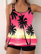 Swimwear 2 Piece Shorts Swimsuit Backless Vacation Beach Wear Graphic U Neck Sleeveless Bathing Suits