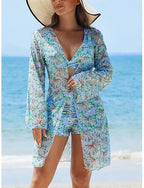 Bikini 3 Piece Swimsuit Palm Shorts Slim Backless Vacation Beach Wear Leaves V Neck Sleeveless Bathing Suits