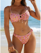 Bikini 2 Piece Swimsuit Cutout Underwire Thong Slim Backless Vacation Beach Wear Halter Neck Sleeveless Bathing Suits