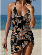 Swimwear Tankini Skirt Swimsuit Halter Vacation Graphic Plunge Sleeveless Bathing Suits