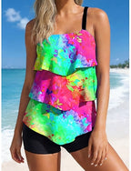 Tankini 2 Piece Swimsuit High Waist Ruffle Layered Backless Vacation Beach Wear Ombre Graphic U Neck Sleeveless Bathing Suits