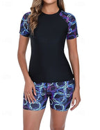 Rash Guard Bathing Suit 2 Pieces Printed Ultra Light (ul) Uv Protection Elastic Short Sleeve Swimwear Surfing Snorkeling Spring