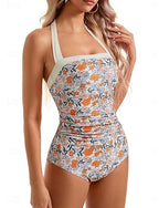 One Piece Swimsuit Slimming Cutout Leopard Monokini Briefs Tummy Control High Waist Slim Backless Vacation Beach Wear Color Color Block Halter Neck Sleeveless Bathing Suits
