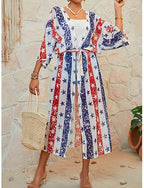 Swimwear Cover Up Swimsuit Vacation Beach Wear Flag V Neck Long Sleeve Bathing Suits