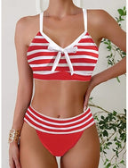 Bikini 2 Piece Swimsuit Cheeky Slim Backless Vacation Beach Wear Striped V Neck Sleeveless Bathing Suits