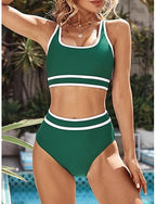 Bikini 2 Piece Swimsuit Colorblock High Waist Slim Backless Vacation Beach Wear Stripe V Neck Sleeveless Bathing Suits