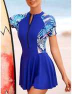Tankini Swimsuit Zip Front Palm Dress Briefs Tummy Control High Waist Slim Backless Vacation Beach Wear Graphic Color Block Round Neck Short Sleeves Bathing Suits