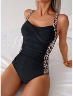 One Piece Swimsuit Slimming Ruched Leopard Monokini Briefs Slim Backless Vacation Color V Wire Sleeveless Bathing Suits