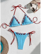 Swimwear Bikini 2 Piece Thong Swimsuit Slim Backless Vacation Beach Wear Color Halter Neck Sleeveless Bathing Suits