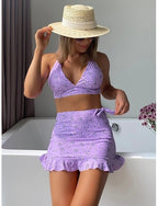 Bikini 3 Piece Swimsuit With Skirt Skirt Slim Backless Vacation Beach Wear Halter Neck Sleeveless Bathing Suits