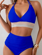 Swimwear 2 Piece Cheeky Swimsuit Ruched Backless Vacation Beach Wear Plain Halter Neck Sleeveless Bathing Suits