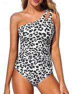 One Piece Swimsuit One Shoulder Swimwear Leopard Print Swimwear White Blue Breathable Quick Dry Sleeveless - Swimming Surfing Snorkeling Summer