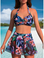 Swimwear Bikini 2 Piece Skirt Swimsuit Slim Backless Vacation Beach Wear Tropical Halter Neck Sleeveless Bathing Suits