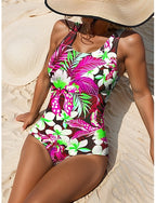 One Piece Swimsuit Slimming Palm Monokini High Cut Tummy Control High Waist Slim Backless Vacation Graphic U Neck Sleeveless Bathing Suits