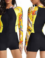 Tankini 2 Piece Swimsuit Zip Front Palm Shorts Tummy Control High Waist Slim Backless Vacation Beach Wear Round Neck Long Sleeve Bathing Suits