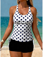 Swimwear Tankini 2 Piece High Waist Swimsuit Tummy Control High Waist Slim Backless Vacation Beach Wear Polka Dot U Neck Sleeveless Bathing Suits