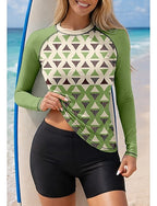 Rash Guard Swimsuit Rash Guard Tankini Swimsuits Geometric 2 Piece Removable Pad Boyleg Uv Sun Protection Upf50+ Elastic Long Sleeve Swimwear Sun Shirt Surfing Canoeing Water Sports Summer