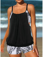 Tankini 2 Piece Swimsuit Palm Shorts Tummy Control High Waist Slim Backless Vacation Beach Wear Color Block Leaves U Neck Sleeveless Bathing Suits