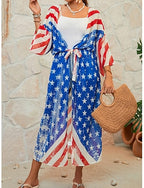 Swimwear Cover Up Swimsuit Vacation Beach Wear Flag V Neck Long Sleeve Bathing Suits
