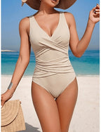 Swimwear One Piece Monokini Swimsuit Tummy Control High Waist Slim Backless Vacation Beach Wear Color V Neck Sleeveless Bathing Suits