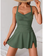 Tankini 2 Piece Swimsuit Ruched With Skirt Briefs Slim Backless Vacation Color V Neck Sleeveless Bathing Suits