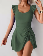 Swimwear One Piece Swimsuit Ruched Tropical Beach Wear Plain U Neck Sleeveless Bathing Suits
