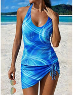 Swimwear Tankini Skirt Swimsuit Drawstring Vacation Graphic Geometic V Neck Sleeveless Bathing Suits