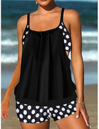 Tankini 2 Piece Swimsuit Shorts Tummy Control High Waist Slim Backless Vacation Beach Wear Polka Dot U Neck Sleeveless Bathing Suits