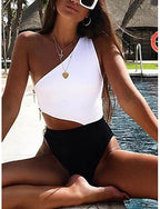 One Piece Swimsuit One Shoulder Colorblock Monokini Tummy Control High Waist Slim Backless Vacation Beach Wear Color Block Asymmetric Neck Sleeveless Bathing Suits