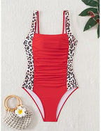 One-piece Tummy Control Bathing Suits Scoop Neck Leopard Print Panels Racerback Ruched Summer Beachwear Quick-dry Stretch Fabric Full Size Black Swimsuit