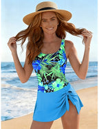 One Piece Swimsuit Palm Skirt Vacation Graphic U Neck Sleeveless Bathing Suits