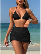 Bikini 3 Piece Swimsuit Underwire Skirt Slim Backless Vacation Beach Wear Color Halter Neck Sleeveless Bathing Suits