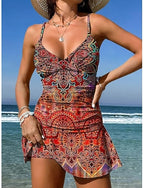Swimwear One Piece Skirt Swimsuit Vacation Graphic Geometric V Neck Sleeveless Bathing Suits