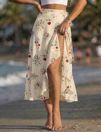 Vacation Skirt Midi Mid Waist Skirts Graphic Ruffle Inelastic Beach Blue Black and White Light Yellow Wine Summer Chiffon