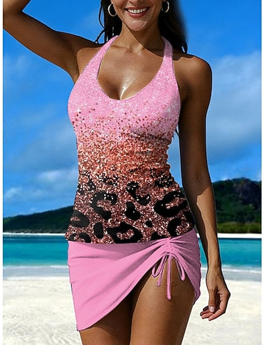 Swimwear Tankini Skirt Swimsuit Vacation Graphic Geometric Halter Neck Sleeveless Bathing Suits