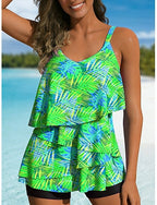 Swimwear Tankini 2 Piece High Waist Swimsuit Tummy Control High Waist Slim Backless Vacation Beach Wear Tropical U Neck Sleeveless Bathing Suits