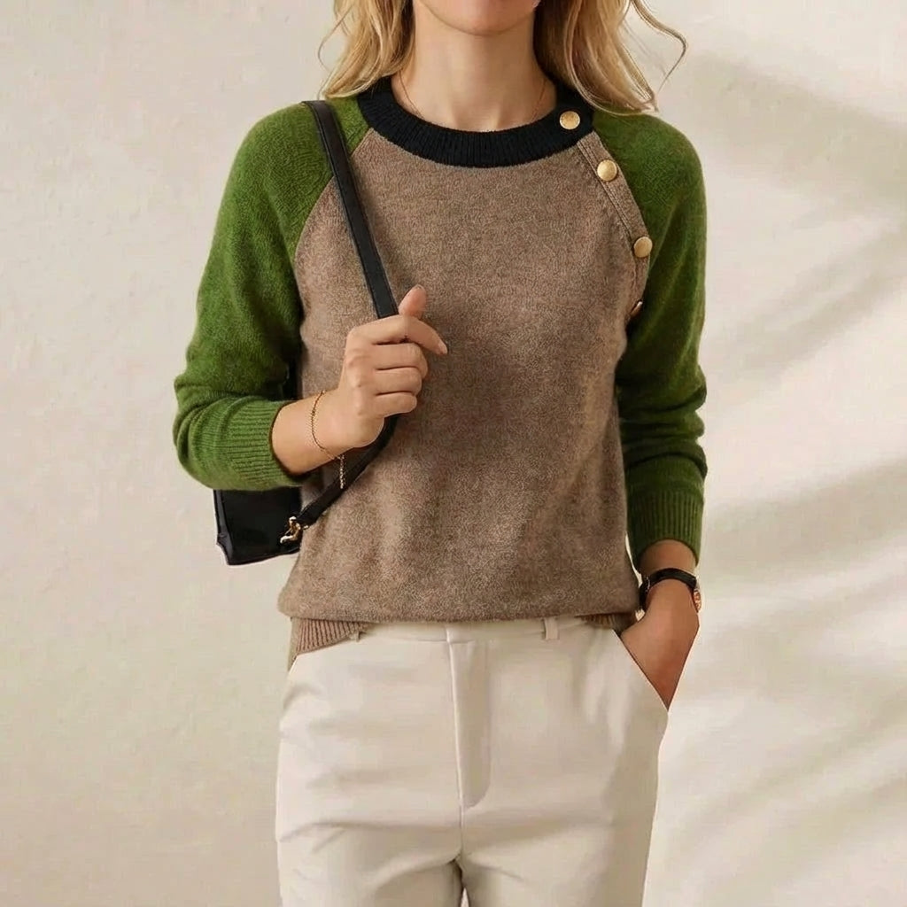 Cashmere Crew Neck Sweater with Contrast Raglan Sleeves