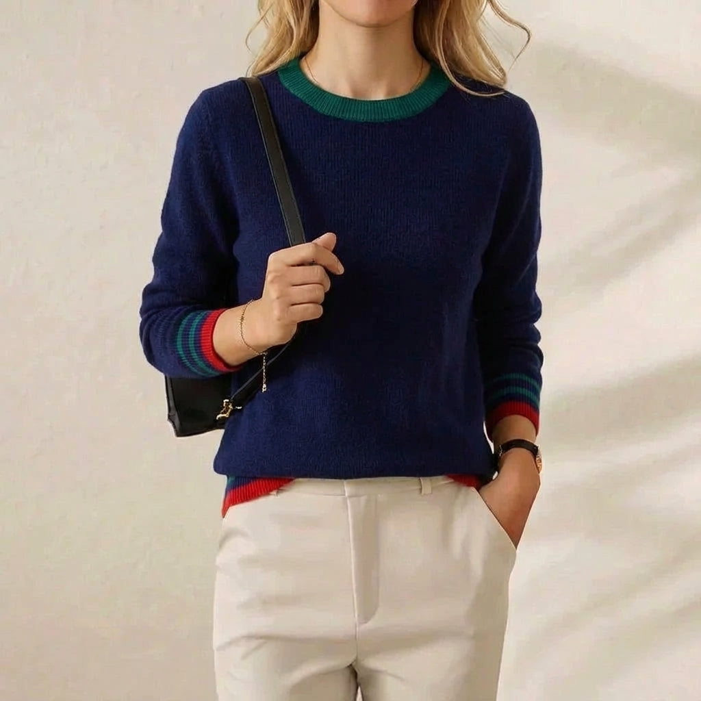 Cashmere Crew Neck Sweater with Striped Collar and Cuff