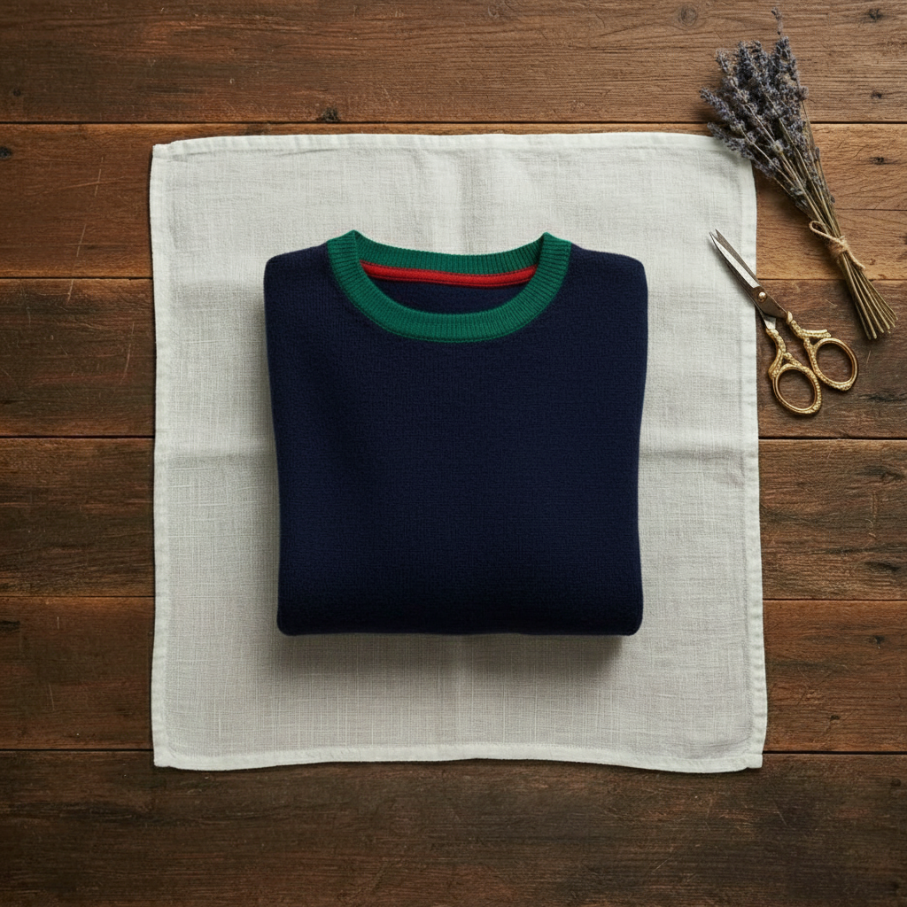 Cashmere Crew Neck Sweater with Striped Collar and Cuff