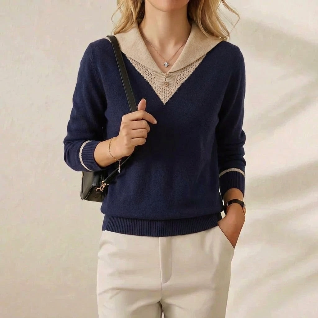 Cashmere V-Neck Sweater with Contrast Collar