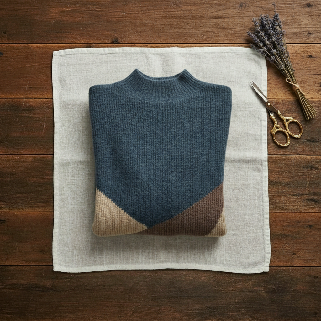 Cashmere Turtleneck Sweater with Diagonal Color-Block