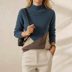 Cashmere Turtleneck Sweater with Diagonal Color-Block