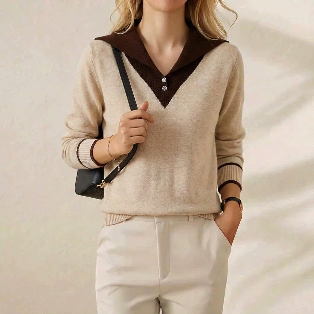 Cashmere V-Neck Sweater with Contrast Collar