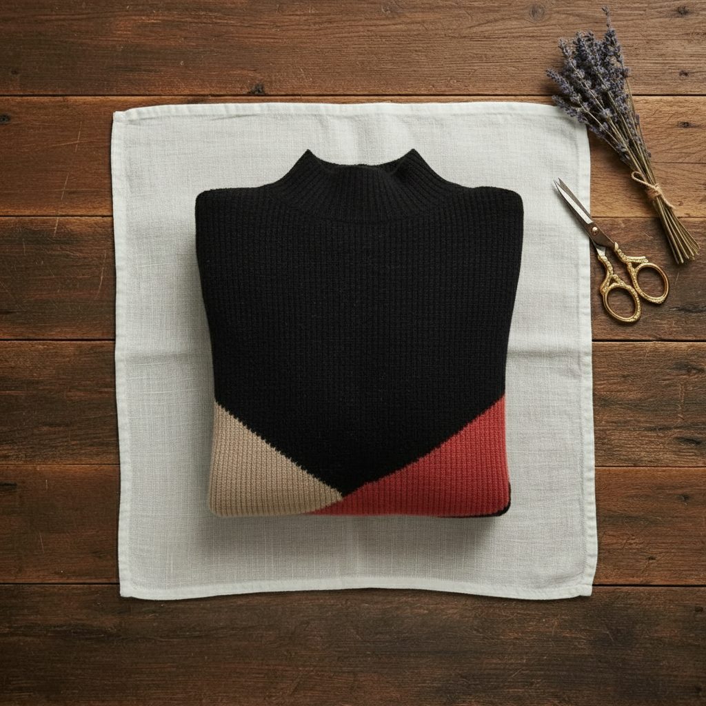 Cashmere Turtleneck Sweater with Diagonal Color-Block