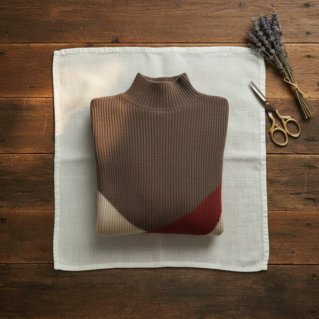 Cashmere Turtleneck Sweater with Diagonal Color-Block