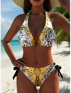 Bikini 2 Piece Swimsuit Cheeky Slim Backless Vacation Geometric V Neck Sleeveless Bathing Suits