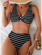 Swimwear Bikini 2 Piece Briefs Swimsuit Slim Backless Vacation Beach Wear Striped V Neck Sleeveless Bathing Suits